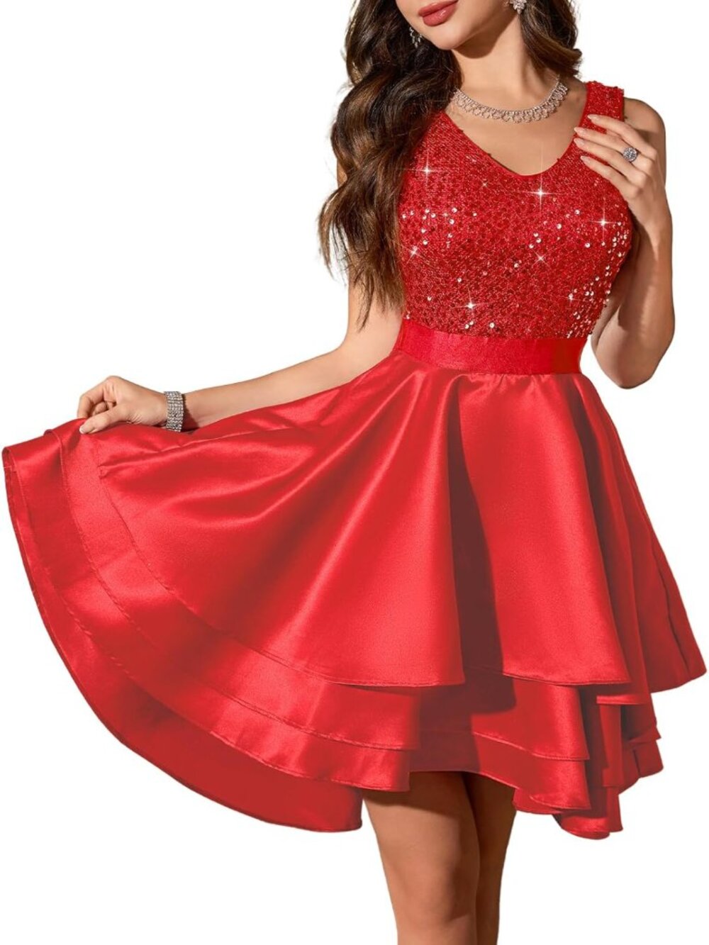 Women's Red Short Sequin Low Satin Sleeveless Cocktail Bodycon Maxi Dress
